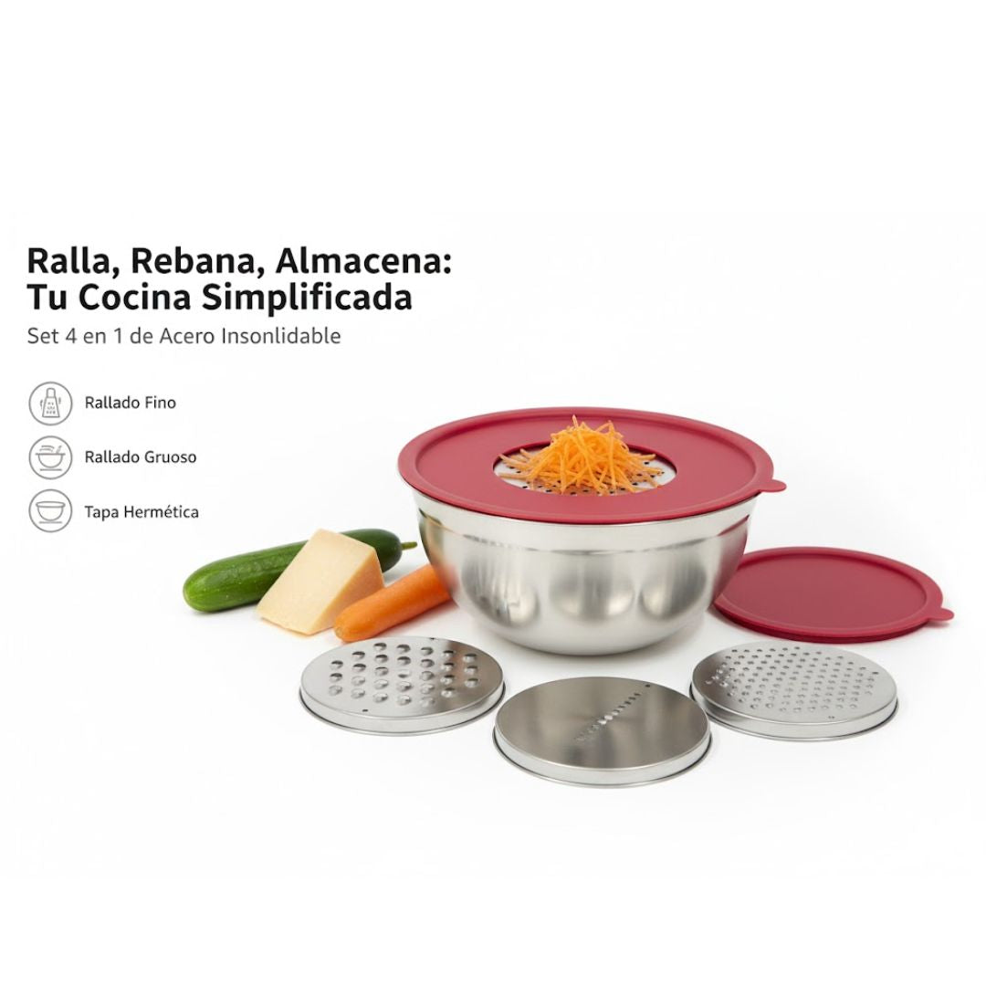 Yajad Set de Bowl de Mezcla Multifuncional Acero Inoxidable 26cm | Con Tapa y 3 Ralladores Intercambiables | Cuenco Antideslizante, Fácil de Limpiar, para Ensaladas y Pasta en la Cocina.
