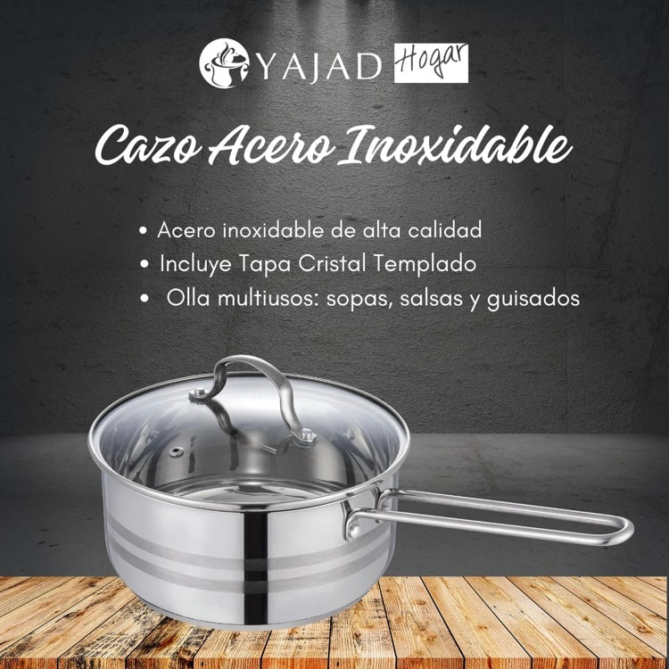 Cacerola Cazo Acero Inoxidable con Tapa de Vidrio Templado