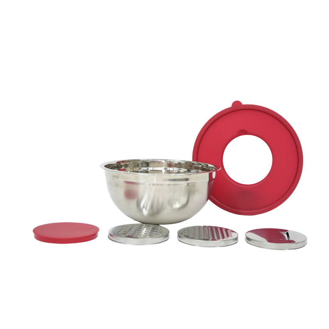 Yajad Set de Bowl de Mezcla Multifuncional Acero Inoxidable 26cm | Con Tapa y 3 Ralladores Intercambiables | Cuenco Antideslizante, Fácil de Limpiar, para Ensaladas y Pasta en la Cocina.