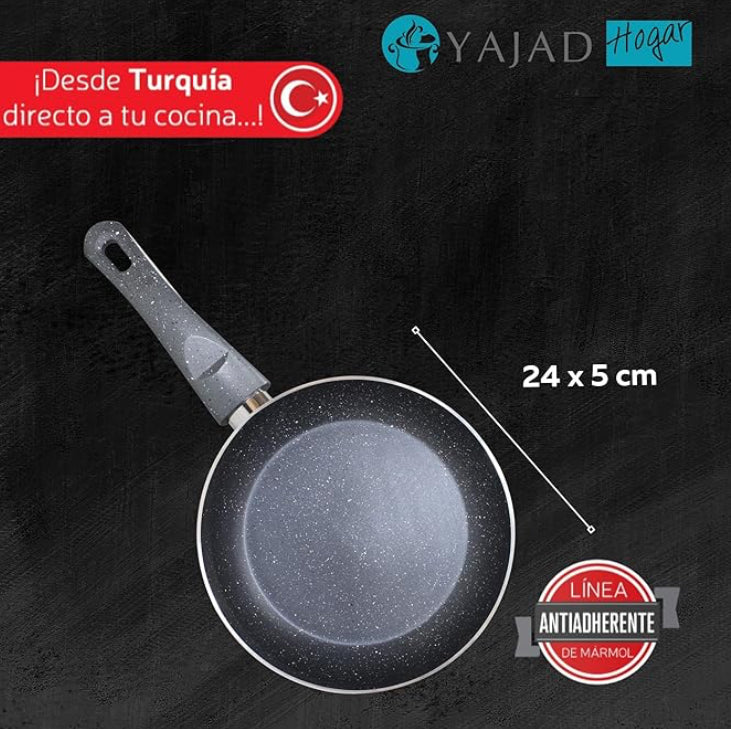 Sartén Antiadherente de Mármol Gris 24 cm Yajad Hogar | Aluminio Resistente para Cocción Saludable y Uniforme