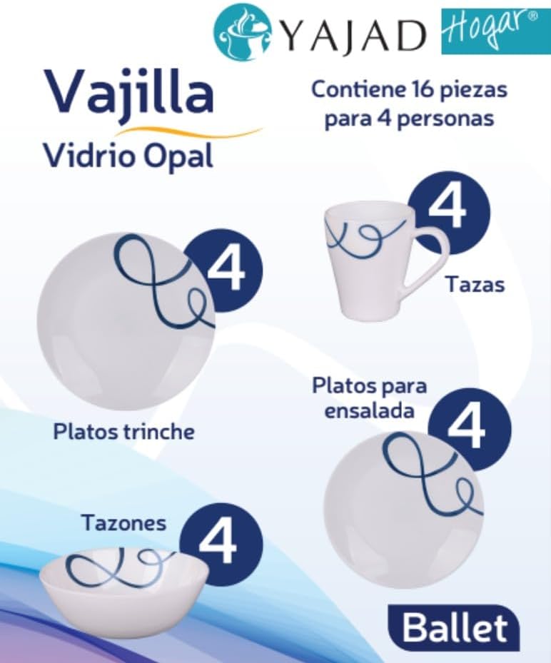 Yajad Hogar Vajilla de Vidrio Opal, 16 Piezas, Diseño Ballet con Ondas Azules, Apta para Microondas