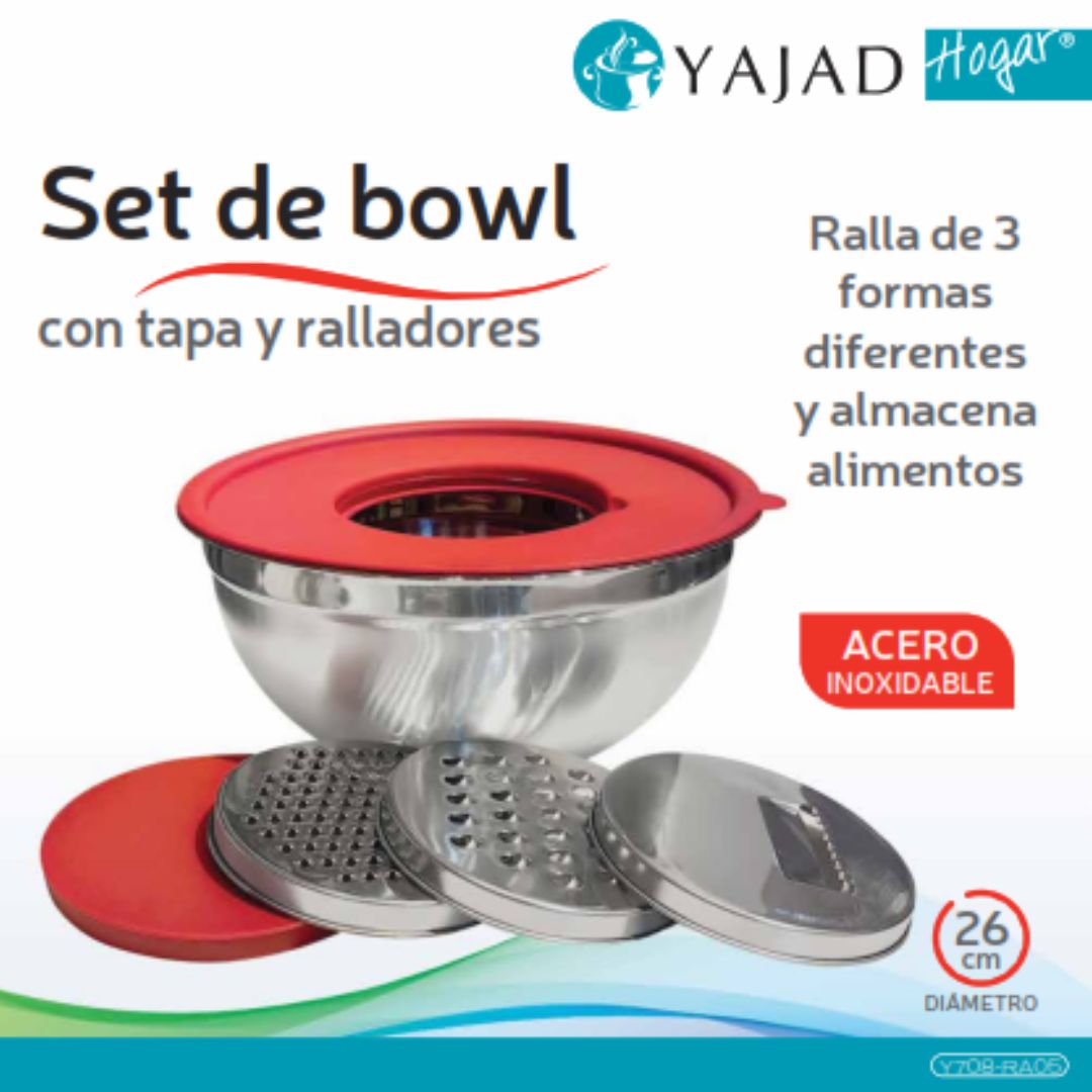 Yajad Set de Bowl de Mezcla Multifuncional Acero Inoxidable 26cm | Con Tapa y 3 Ralladores Intercambiables | Cuenco Antideslizante, Fácil de Limpiar, para Ensaladas y Pasta en la Cocina.