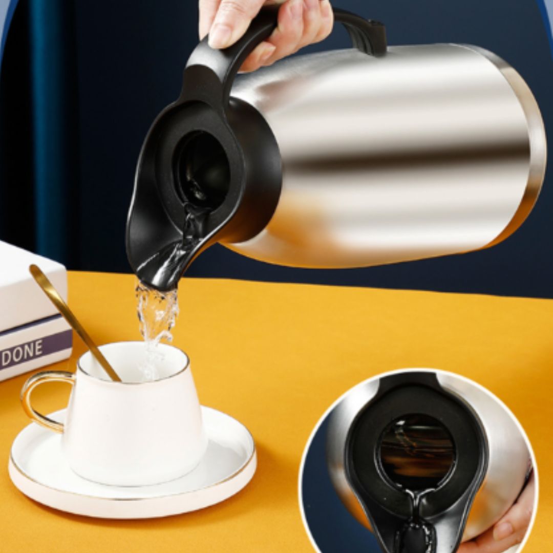 Yajad Hogar Jarra Térmica de Acero Inoxidable, Termo para Café y Agua, Plateado con Negro, Aislamiento al Vacío Frío o Caliente, 2 Litros