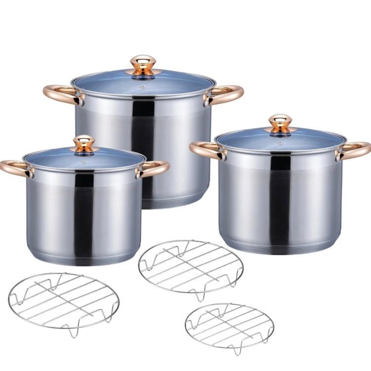 Juego 3 Ollas Acero inoxidable de Cocina con rejillas y tapa de vidrio