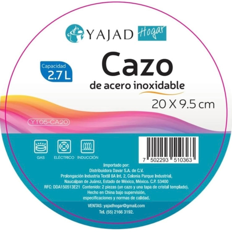 Cacerola Cazo Acero Inoxidable con Tapa de Vidrio Templado