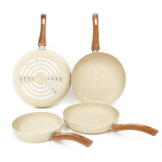 Juego de 4 Sartenes Antiadherentes de Mármol, Tamaños 20, 24, 28 y 30 cm, Color Beige Capuchino | Mango Ergonómico de Baquelita
