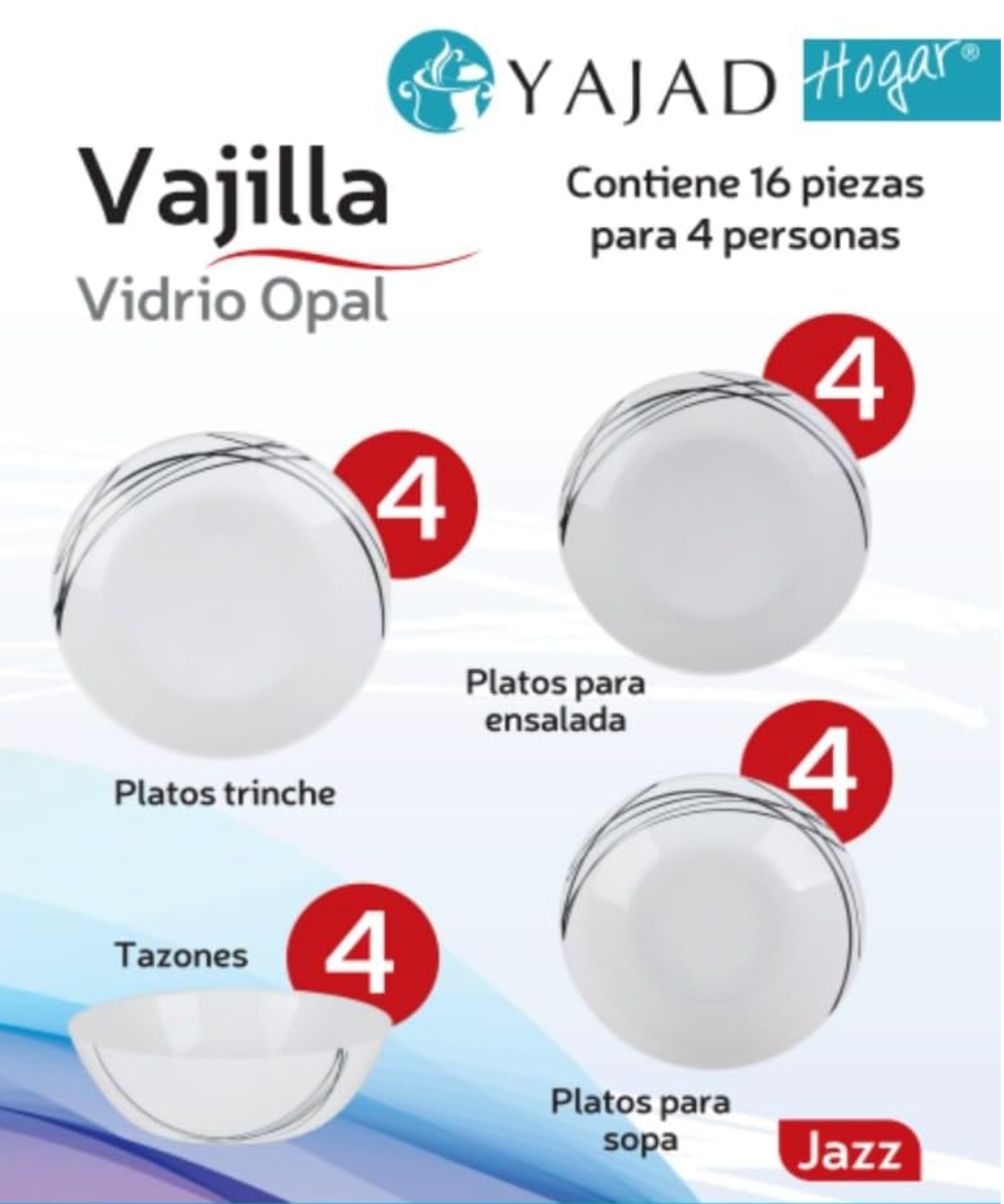 Juego de Vajilla de Vidrio Opal, 16 Piezas, Diseño Jazz con Rayas Negras, para 4 Personas, Apto para Microondas y Lavavajillas