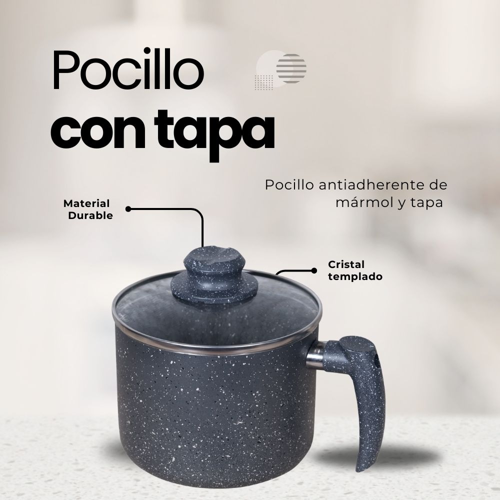 Pocillo Antiadherente  2.8 lts de Mármol con Tapa de Cristal Templado