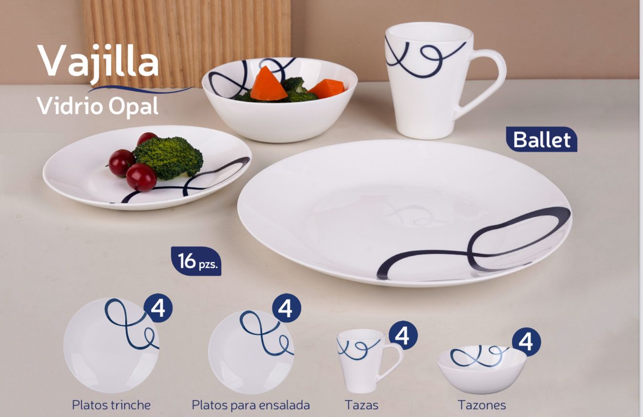Juego de Vajilla de Vidrio Opal, 16 Piezas, Diseño Jazz con Rayas Negras, para 4 Personas, Apto para Microondas y Lavavajillas