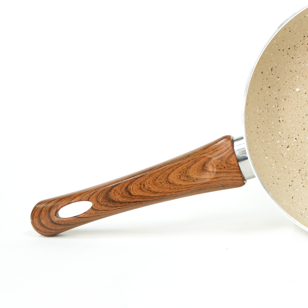 Yajad Hogar – Sartén Antiadherente de Mármol Color Beige Capuchino de Aluminio, 20 cm | Mango Ergonómico de Baquelita | Compatible con Estufas de Gas y Eléctricas | Libre de PFOA (Copia)