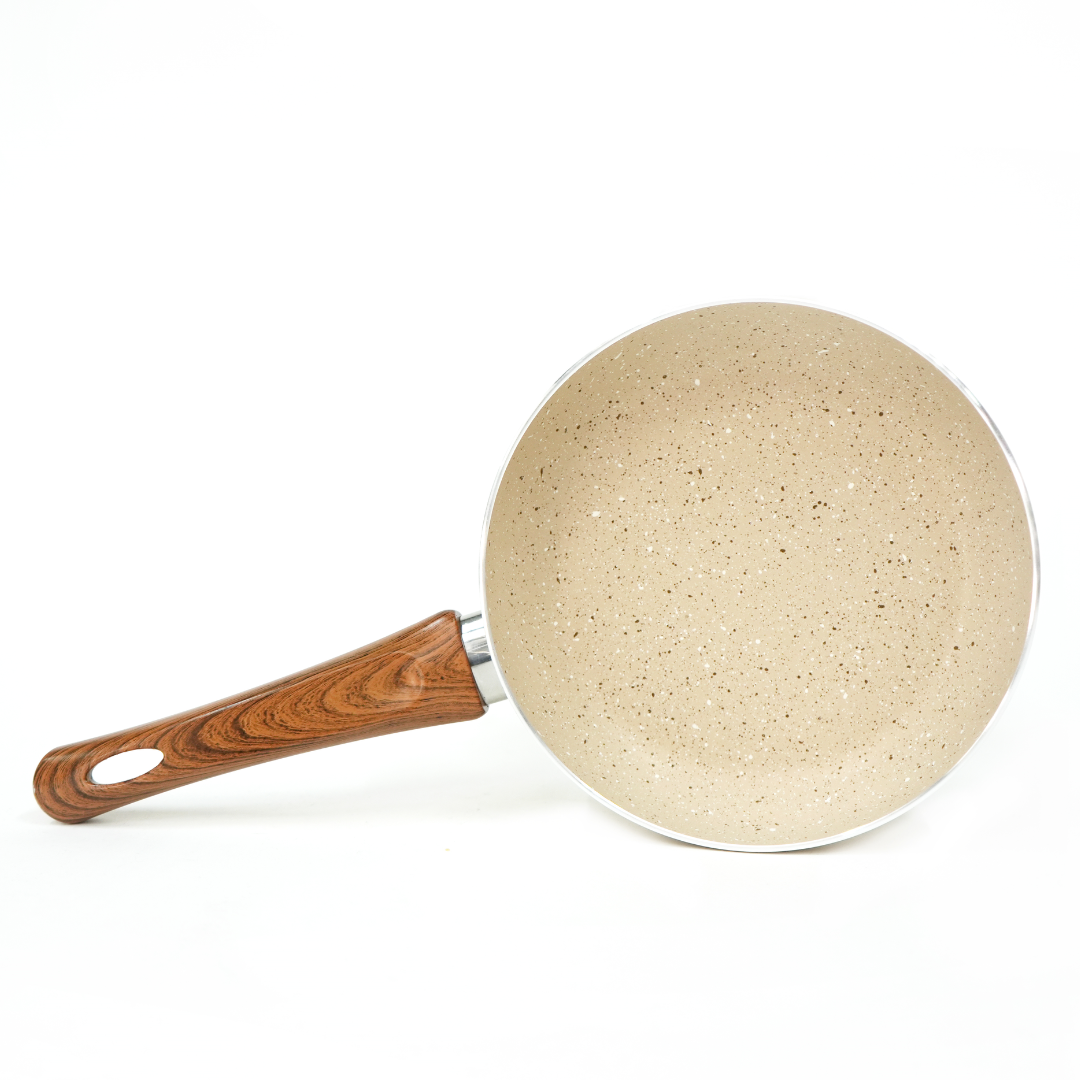 Yajad Hogar – Sartén Antiadherente de Mármol Color Beige Capuchino de Aluminio, 20 cm | Mango Ergonómico de Baquelita | Compatible con Estufas de Gas y Eléctricas | Libre de PFOA (Copia)