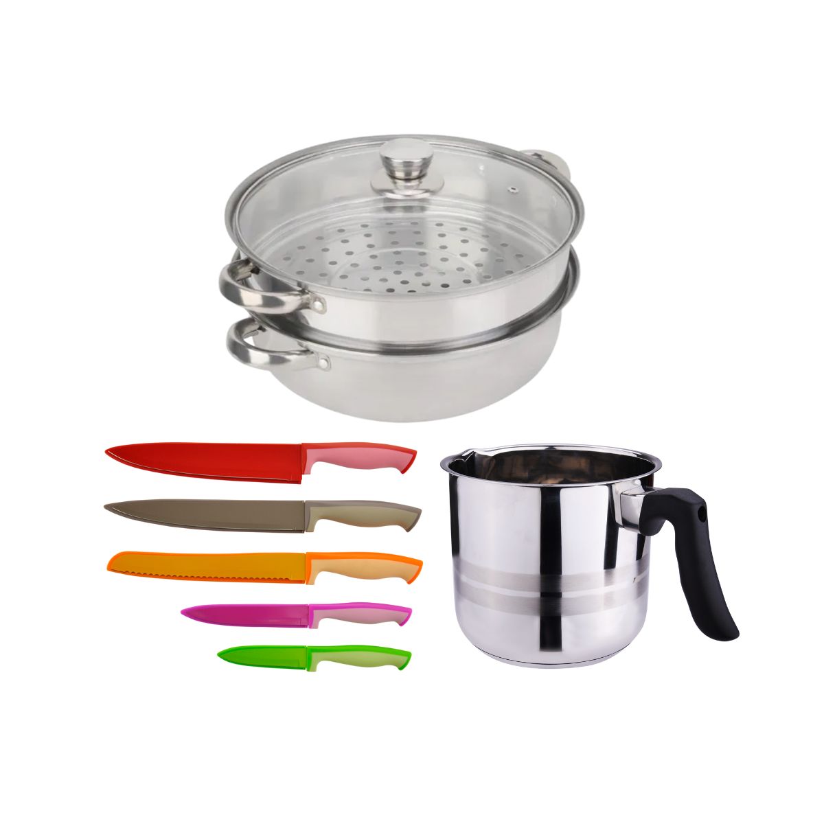 Combo Junior Yajad 3 en 1: Vaporera, Pocillo de Aluminio y Juego de Cuchillos