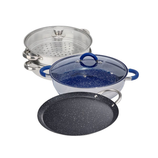 Combo Family de Cocina 3 en 1: Vaporera, Comal Antiadherente y Arrocera de Aluminio