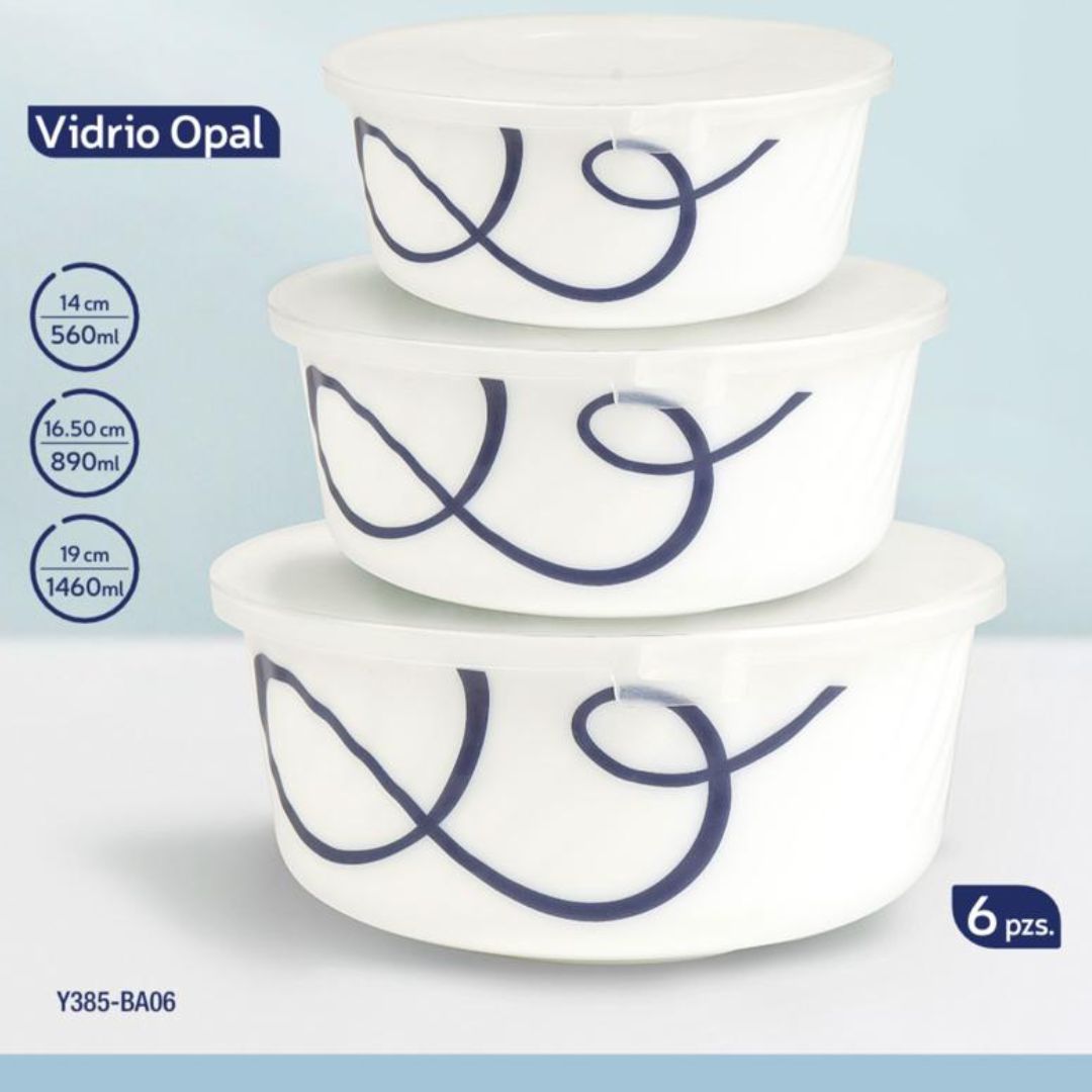 Set de Contenedores Herméticos de vidrio opal con Tapas de Alta Calidad, Capacidades Variadas para Almacenamiento de Alimentos (6 piezas)