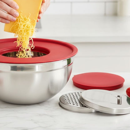 Yajad Set de Bowl de Mezcla Multifuncional Acero Inoxidable 26cm | Con Tapa y 3 Ralladores Intercambiables | Cuenco Antideslizante, Fácil de Limpiar, para Ensaladas y Pasta en la Cocina.