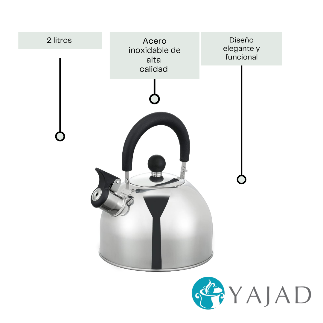 Tetera Silbadora de Acero Inoxidable 2 Litros Yajad Hogar | Hervidor para Té, Café y Leche con Silbato Automático y Mango Ergonómico
