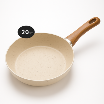 Yajad Hogar – Sartén Antiadherente de Mármol Color Beige Capuchino de Aluminio, 20 cm | Mango Ergonómico de Baquelita | Compatible con Estufas de Gas y Eléctricas | Libre de PFOA