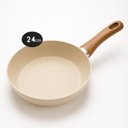 Yajad Hogar – Sartén Antiadherente de Mármol Color Beige Capuchino de Aluminio, 24 cm | Mango Ergonómico de Baquelita | Compatible con Estufas de Gas y Eléctricas | Libre de PFOA