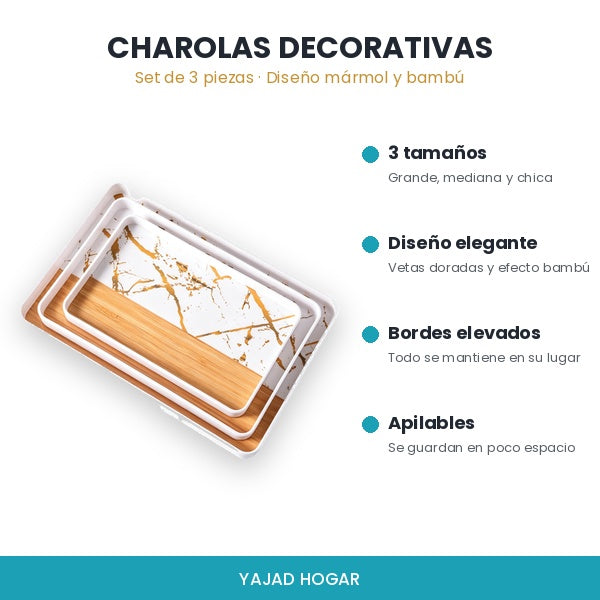 Características del set de 3 charolas de melamina mármol blanco con dorado