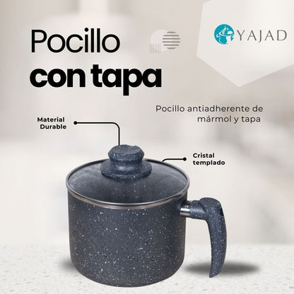 Pocillo Antiadherente  2 lts de Mármol con Tapa de Cristal Templado
