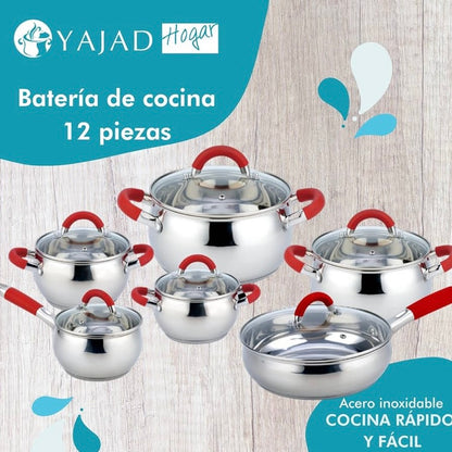 Batería de Cocina de Acero Inoxidable de 12 Piezas Rojo