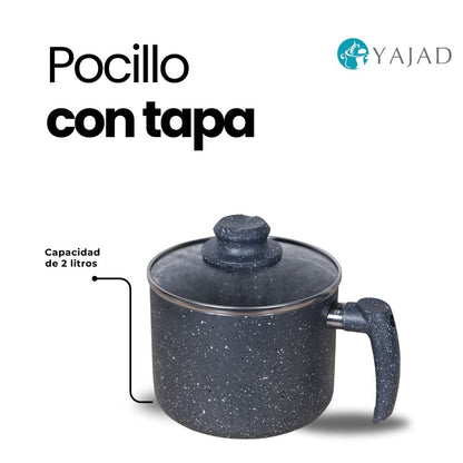 Pocillo Antiadherente  2 lts de Mármol con Tapa de Cristal Templado