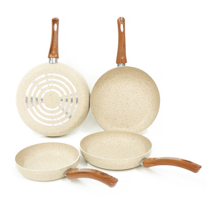 Juego de 4 Sartenes Antiadherentes de Mármol, Tamaños 20, 24, 28 y 30 cm, Color Beige Capuchino | Mango Ergonómico de Baquelita