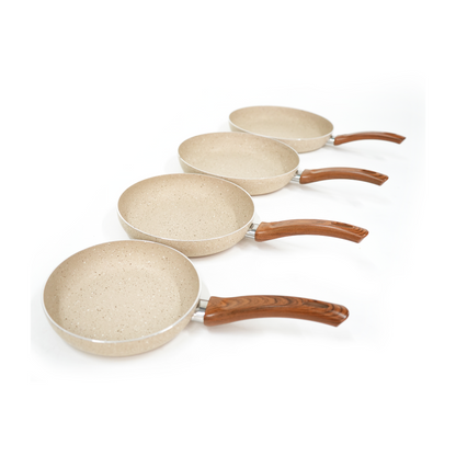 Juego de 4 Sartenes Antiadherentes de Mármol, Tamaños 20, 24, 28 y 30 cm, Color Beige Capuchino | Mango Ergonómico de Baquelita