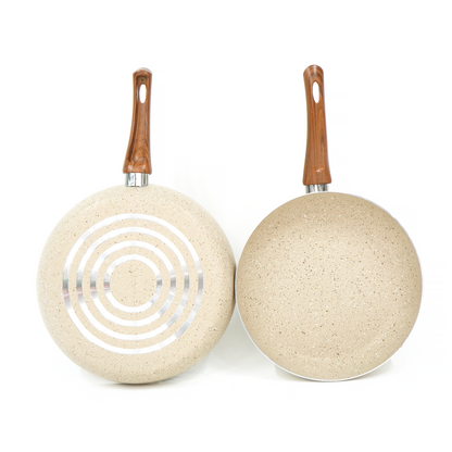 Juego de 4 Sartenes Antiadherentes de Mármol, Tamaños 20, 24, 28 y 30 cm, Color Beige Capuchino | Mango Ergonómico de Baquelita