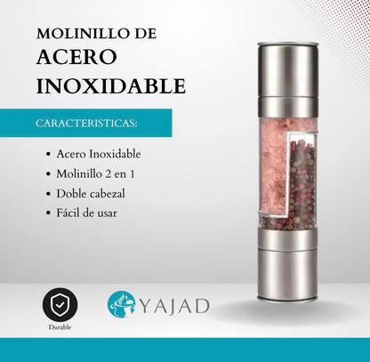 Molinillo de Pimienta y Sal Ajustable 2 en 1 de Acero Inoxidable