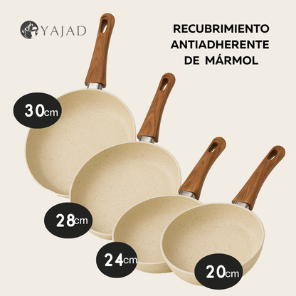 Juego de 4 Sartenes Antiadherentes de Mármol, Tamaños 20, 24, 28 y 30 cm, Color Beige Capuchino | Mango Ergonómico de Baquelita