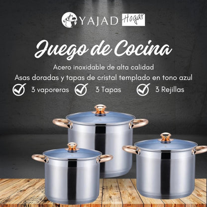Juego 3 Ollas Acero inoxidable de Cocina con rejillas y tapa de vidrio
