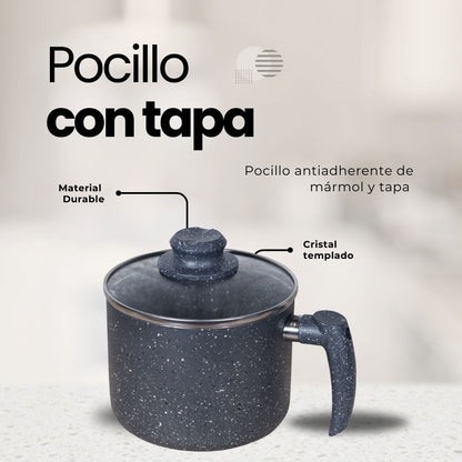 Pocillo Antiadherente  2.8 lts de Mármol con Tapa de Cristal Templado