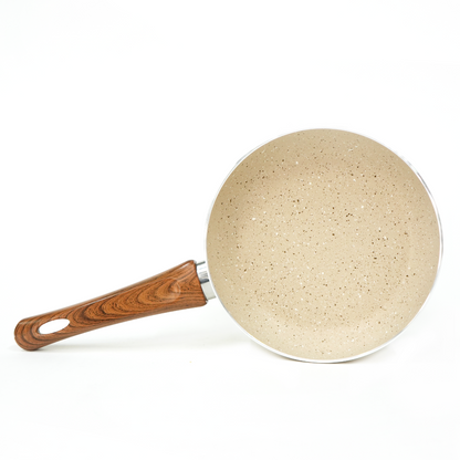 Yajad Hogar – Sartén Antiadherente de Mármol Color Beige Capuchino de Aluminio, 30 cm | Mango Ergonómico de Baquelita | Compatible con Estufas de Gas y Eléctricas | Libre de PFOA