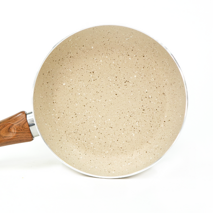 Yajad Hogar – Sartén Antiadherente de Mármol Color Beige Capuchino de Aluminio, 20 cm | Mango Ergonómico de Baquelita | Compatible con Estufas de Gas y Eléctricas | Libre de PFOA