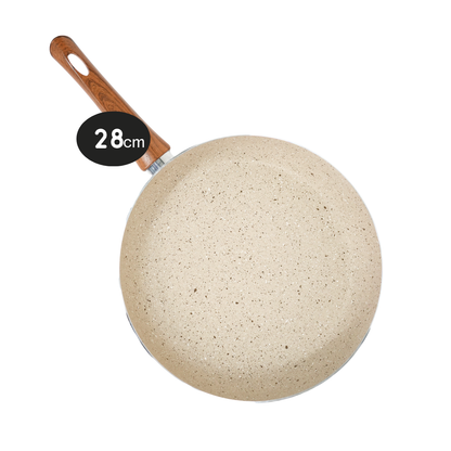 Yajad Hogar – Sartén Antiadherente de Mármol Color Beige Capuchino de Aluminio, 28 cm | Mango Ergonómico de Baquelita | Compatible con Estufas de Gas y Eléctricas | Libre de PFOA
