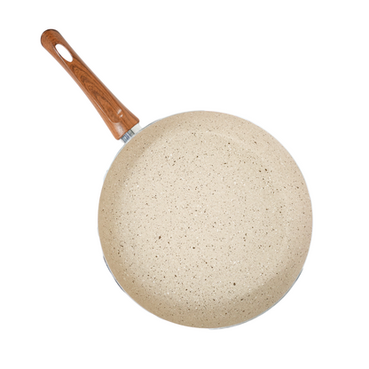 Yajad Hogar – Sartén Antiadherente de Mármol Color Beige Capuchino de Aluminio, 28 cm | Mango Ergonómico de Baquelita | Compatible con Estufas de Gas y Eléctricas | Libre de PFOA