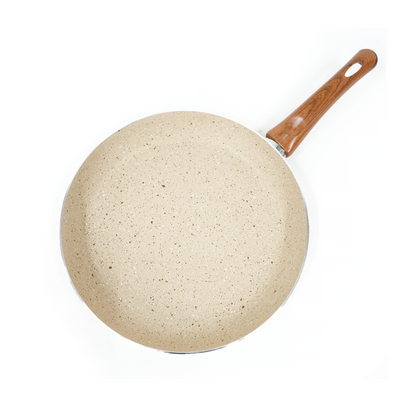 Yajad Hogar – Sartén Antiadherente de Mármol Color Beige Capuchino de Aluminio, 28 cm | Mango Ergonómico de Baquelita | Compatible con Estufas de Gas y Eléctricas | Libre de PFOA