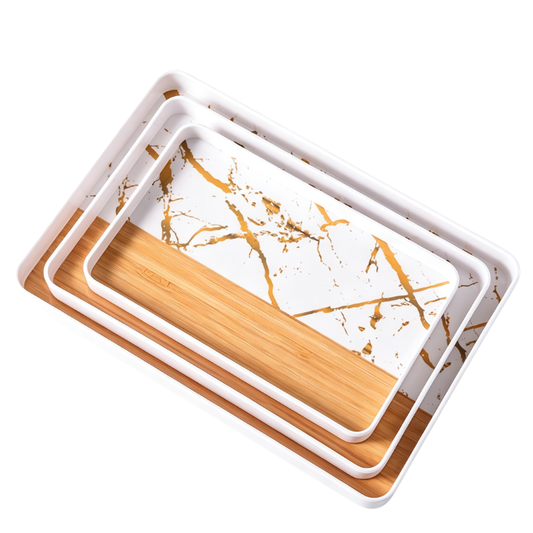 Set de 3 charolas para servir de melamina mármol blanco con dorado – Yajad Hogar